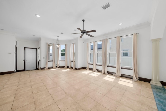 3929 Indian Springs Rd, Panama City, FL 32404 - spare room with crown molding, a ceiling fan, decorative columns, recessed lighting, and light tile patterned flooring