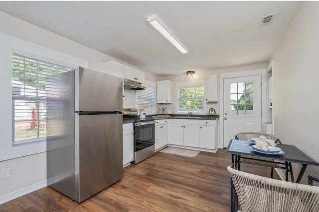 379 W 1st Ave, Crestview, FL 32536 - kitchen featuring appliances with stainless steel finishes, dark countertops, white cabinets, dark wood finished floors, and under cabinet range hood