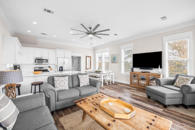 18 E Trigger Trl, Inlet Beach, FL 32461 - living area featuring ceiling fan, ornamental molding, wood finished floors, and recessed lighting