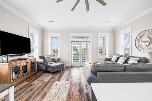 18 E Trigger Trl, Inlet Beach, FL 32461 - living room featuring dark wood-style floors, crown molding, and a ceiling fan