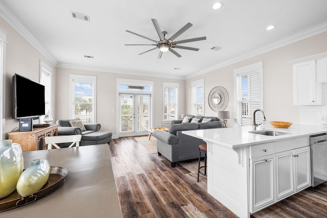 18 E Trigger Trl, Inlet Beach, FL 32461 - living room featuring dark wood-style flooring, ceiling fan, crown molding, and recessed lighting