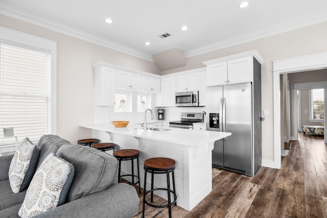 18 E Trigger Trl, Inlet Beach, FL 32461 - kitchen with stainless steel appliances, a breakfast bar, tasteful backsplash, white cabinets, and a peninsula