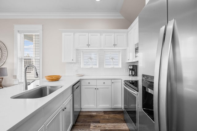18 E Trigger Trl, Inlet Beach, FL 32461 - kitchen with stainless steel appliances, dark wood-style floors, crown molding, light countertops, and white cabinets