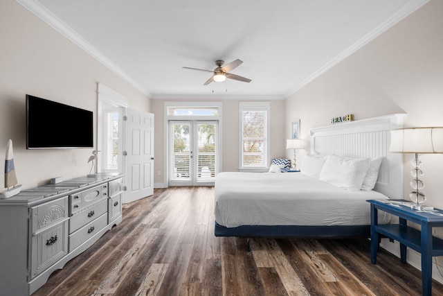 18 E Trigger Trl, Inlet Beach, FL 32461 - bedroom with access to outside, ornamental molding, dark wood-style flooring, multiple windows, and a ceiling fan