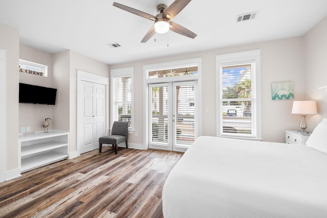 18 E Trigger Trl, Inlet Beach, FL 32461 - bedroom featuring access to exterior, wood finished floors, and a ceiling fan