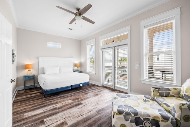 18 E Trigger Trl, Inlet Beach, FL 32461 - bedroom featuring access to outside, wood finished floors, crown molding, and ceiling fan