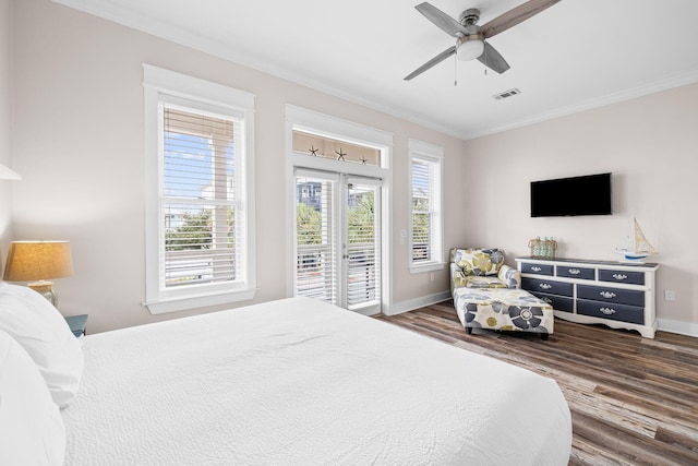 18 E Trigger Trl, Inlet Beach, FL 32461 - bedroom featuring access to outside, ornamental molding, dark wood-style flooring, and a ceiling fan