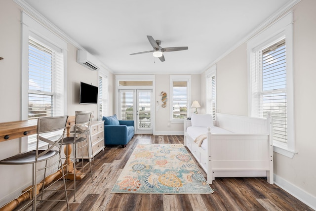 18 E Trigger Trl, Inlet Beach, FL 32461 - living room featuring a ceiling fan, dark wood-style flooring, ornamental molding, and a wall mounted AC