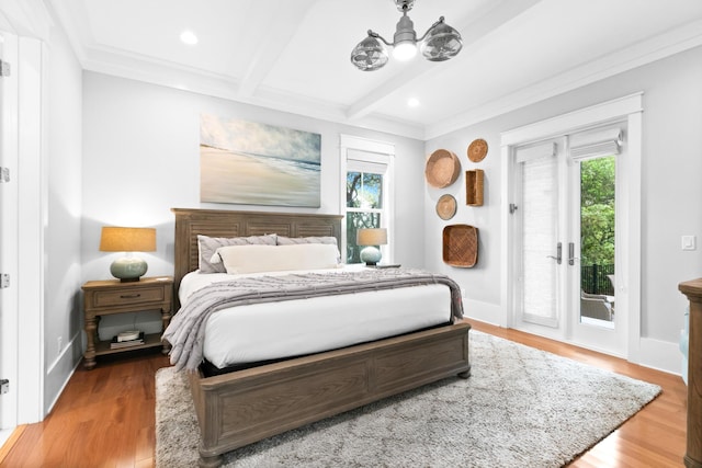 12 Seabreeze Way, Inlet Beach, FL 32461 - bedroom featuring access to outside, beamed ceiling, wood finished floors, ornamental molding, and recessed lighting