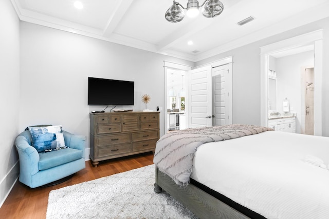 12 Seabreeze Way, Inlet Beach, FL 32461 - bedroom featuring wood finished floors, beamed ceiling, recessed lighting, crown molding, and ensuite bath