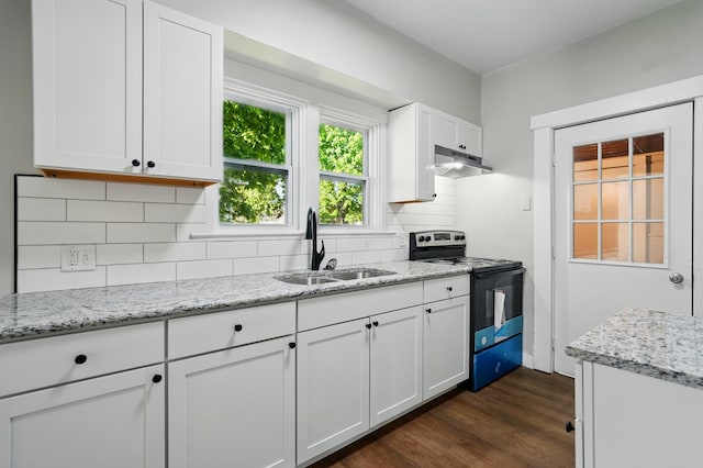 kitchen with electric stove, dark wood-style floors, white cabinetry, tasteful backsplash, and a sink