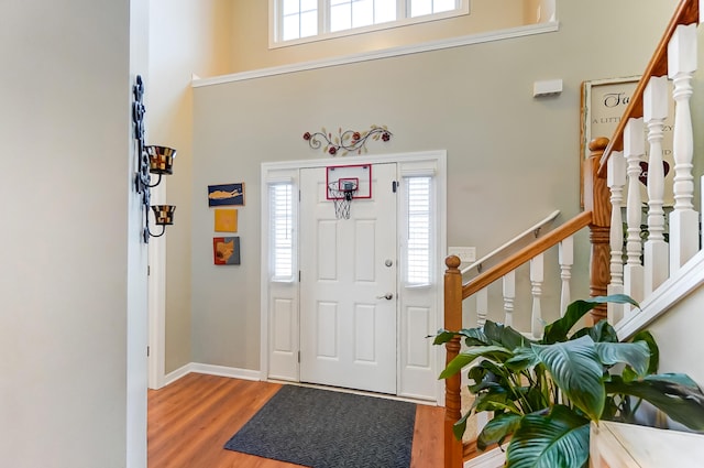 entrance foyer with a high ceiling and wood-type flooring