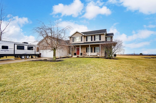 view of front of home with covered porch and a front lawn