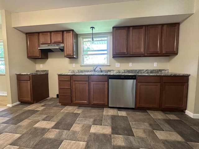 2336 Derr Rd, Springfield, OH 45503 - kitchen featuring dishwasher, under cabinet range hood, dark stone finish flooring, hanging light fixtures, and a baseboard radiator