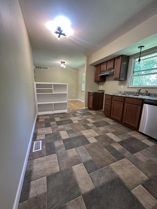 2336 Derr Rd, Springfield, OH 45503 - kitchen featuring dishwasher, under cabinet range hood, decorative light fixtures, and stone countertops