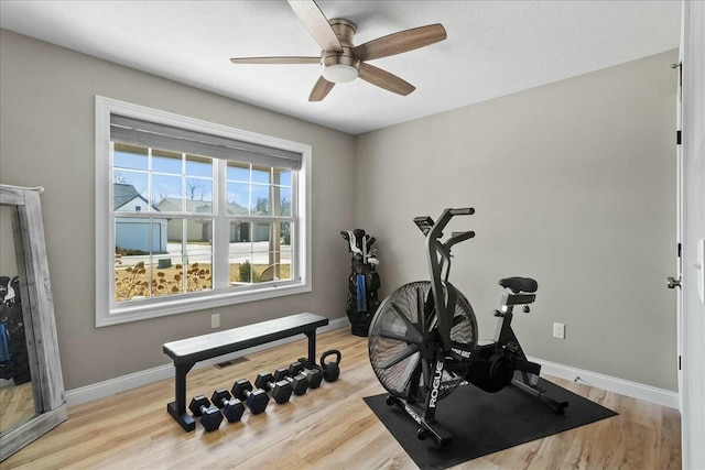 exercise room with light wood-style floors, a ceiling fan, and baseboards