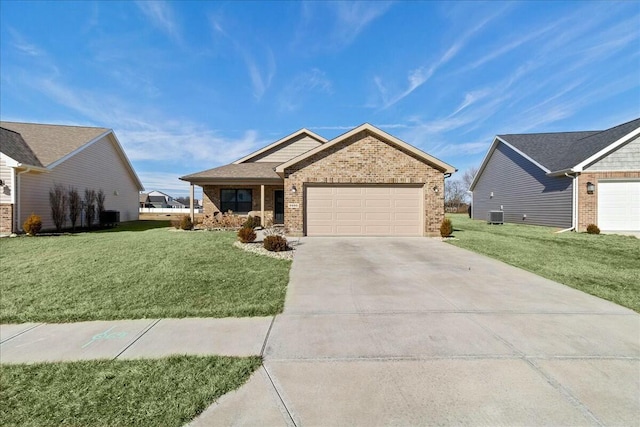 ranch-style home with brick siding, concrete driveway, an attached garage, central AC, and a front yard