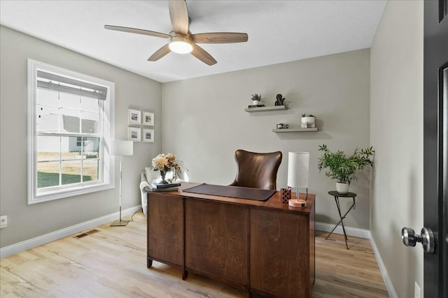 home office with light wood-type flooring, visible vents, ceiling fan, and baseboards