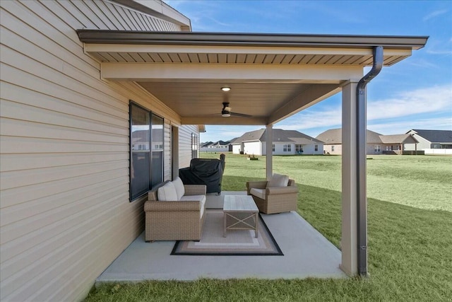 view of patio / terrace with a ceiling fan, a residential view, and an outdoor hangout area