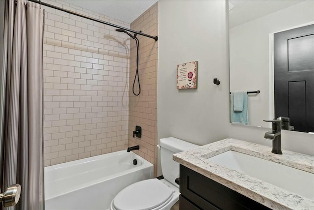 full bath with toilet, shower / bath combo with shower curtain, and vanity