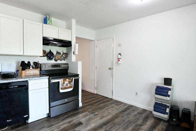kitchen with dark wood-style flooring, stainless steel electric range, dishwasher, white cabinets, and under cabinet range hood