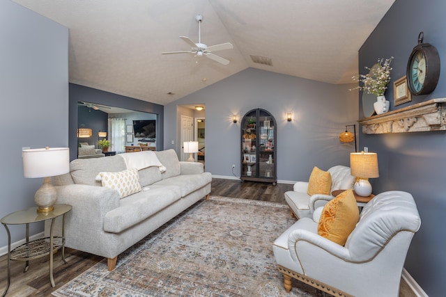 1280 Candlelite Ln, Fairborn, OH 45324 - living area featuring a ceiling fan, wood finished floors, vaulted ceiling, and baseboards