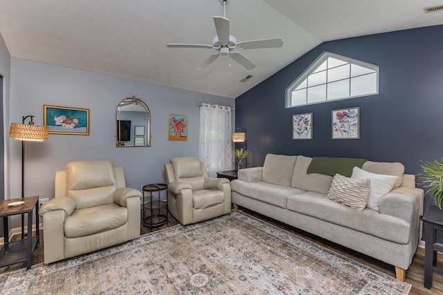 1280 Candlelite Ln, Fairborn, OH 45324 - living area with wood finished floors, a ceiling fan, and lofted ceiling
