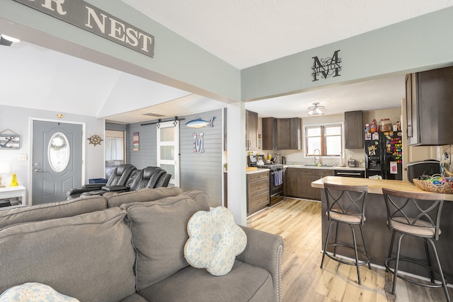 living room featuring light wood finished floors and lofted ceiling