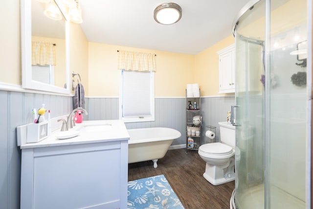 bathroom featuring a stall shower, wainscoting, wood finished floors, and vanity