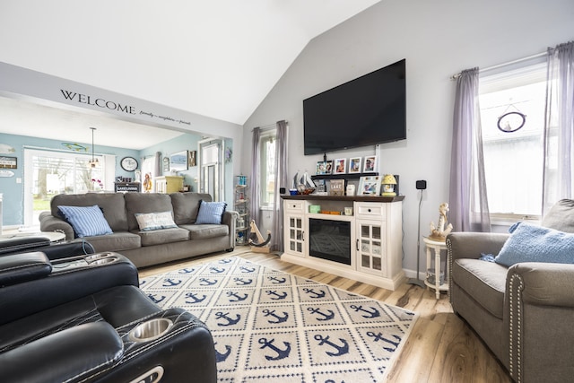 living room with baseboards, lofted ceiling, and wood finished floors