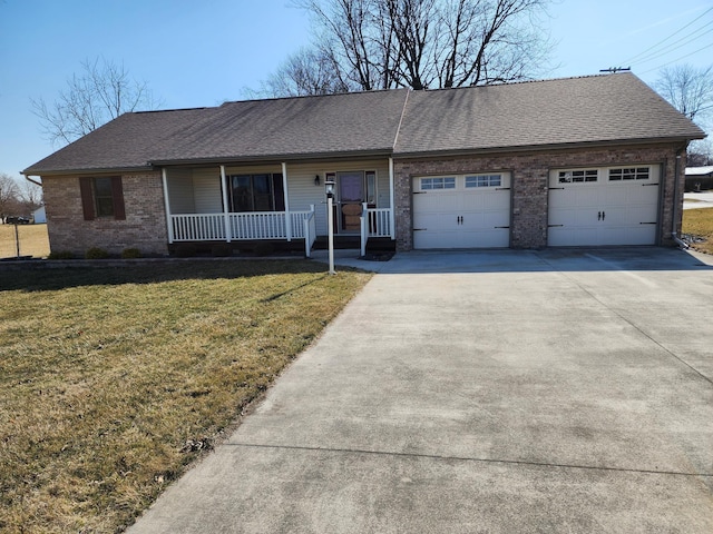 single story home with roof with shingles, covered porch, a front lawn, concrete driveway, and a garage