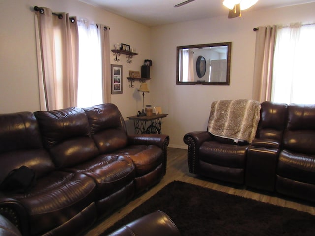 living room with hardwood / wood-style flooring, plenty of natural light, and ceiling fan