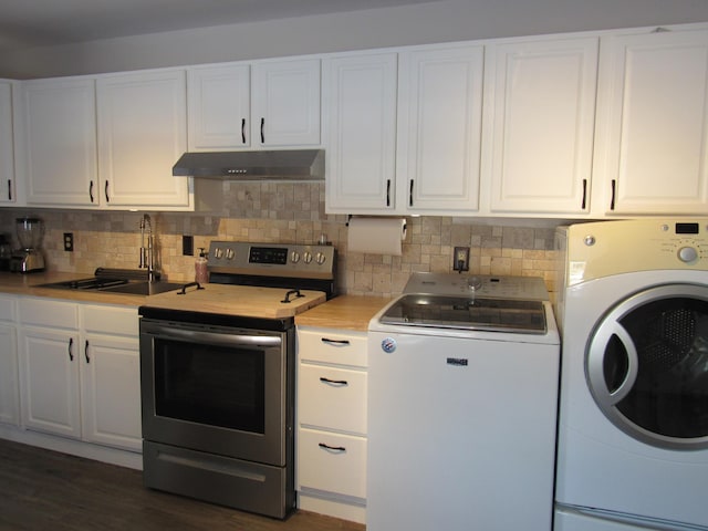 kitchen with sink, electric range, white cabinets, separate washer and dryer, and decorative backsplash