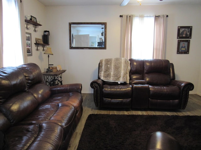 living room featuring wood-type flooring and ceiling fan