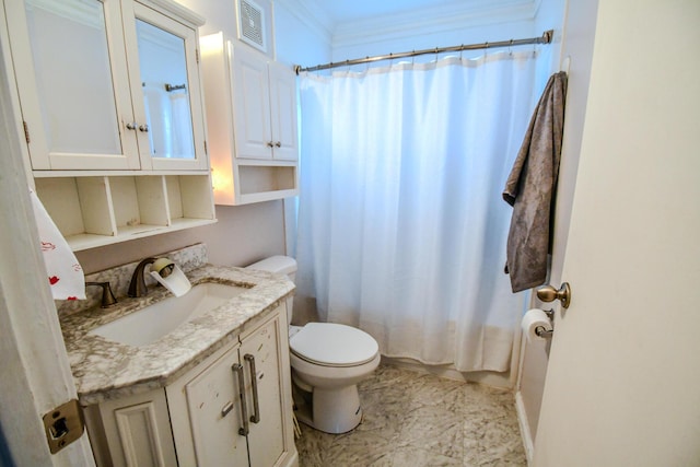 full bathroom featuring vanity, shower / bathtub combination with curtain, and toilet