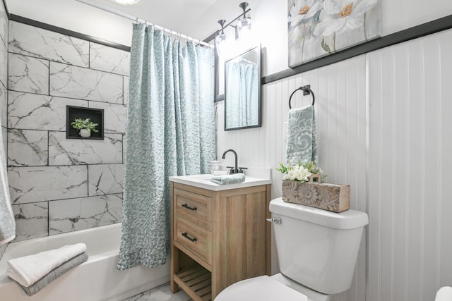 bathroom with toilet, marble finish floor, vanity, and shower / bathtub combination with curtain