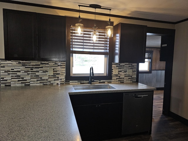 2 E Main St, Fletcher, OH 45326 - kitchen with dishwasher, dark cabinets, backsplash, decorative light fixtures, and ornamental molding