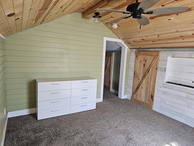 2 E Main St, Fletcher, OH 45326 - bonus room featuring wooden ceiling, lofted ceiling, wooden walls, carpet floors, and ceiling fan