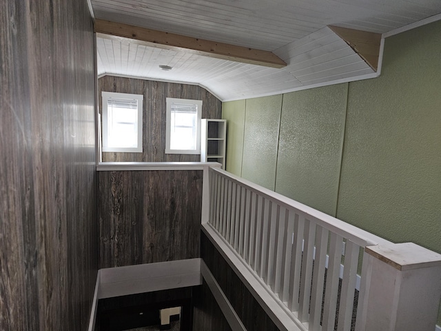 2 E Main St, Fletcher, OH 45326 - corridor with a textured wall, vaulted ceiling, and wooden ceiling