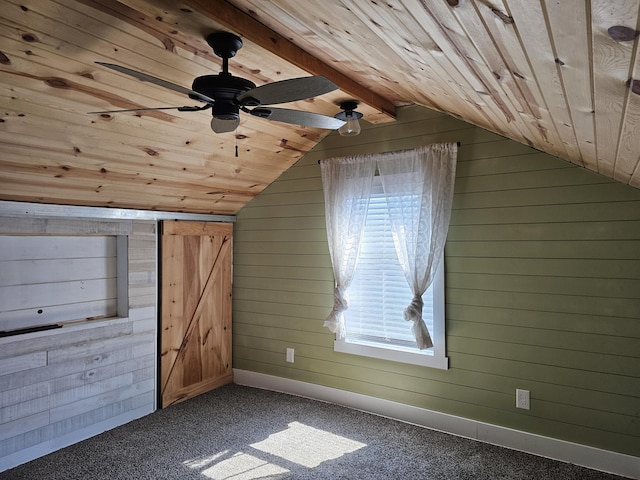 2 E Main St, Fletcher, OH 45326 - bonus room with wooden ceiling, wood walls, a ceiling fan, and carpet floors