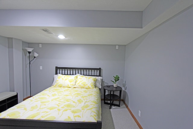 bedroom with recessed lighting, visible vents, and carpet flooring