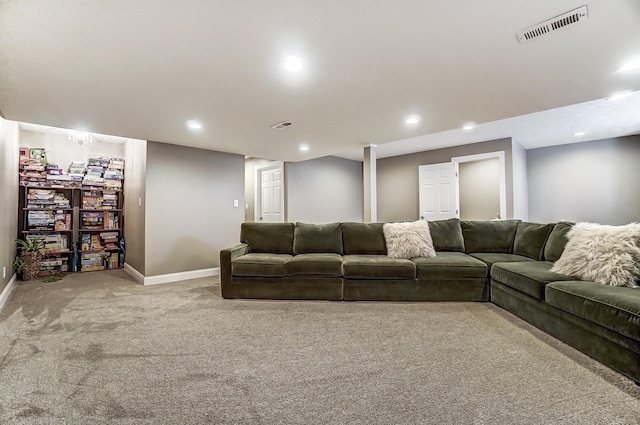 carpeted living room featuring recessed lighting, visible vents, and baseboards