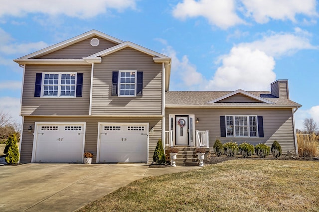 view of front facade with a front lawn, an attached garage, driveway, and a chimney