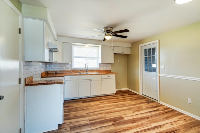 kitchen featuring a ceiling fan, a sink, under cabinet range hood, backsplash, and butcher block counters