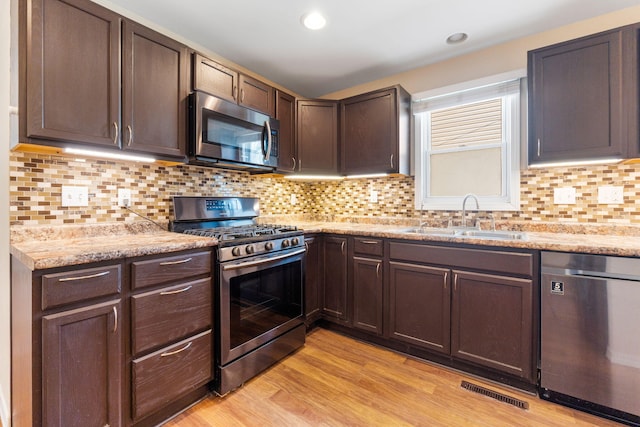 kitchen featuring visible vents, a sink, stainless steel appliances, light wood-style floors, and dark brown cabinetry