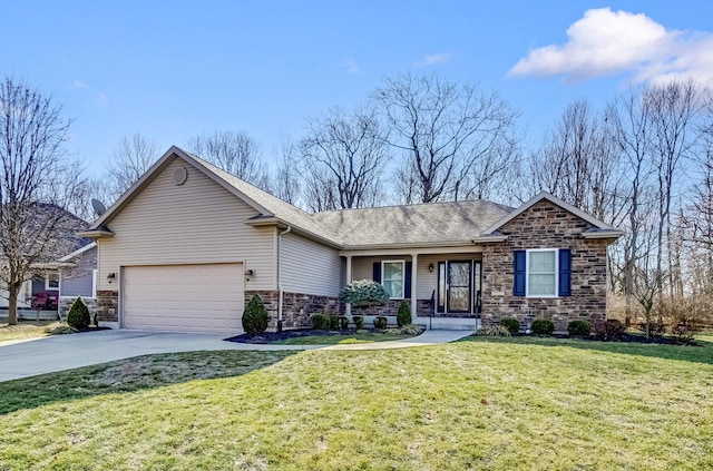 single story home featuring roof with shingles, a front yard, a garage, stone siding, and driveway