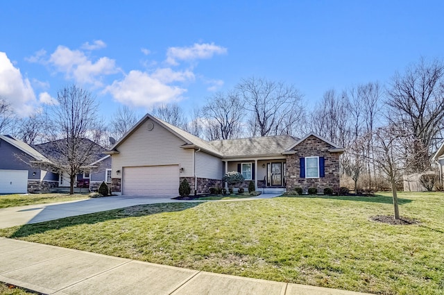 single story home with a front lawn, concrete driveway, and an attached garage