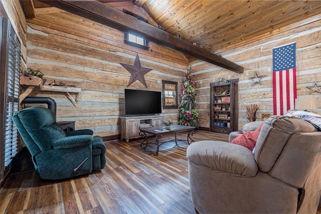 living room with high vaulted ceiling, wooden ceiling, wooden walls, and wood finished floors