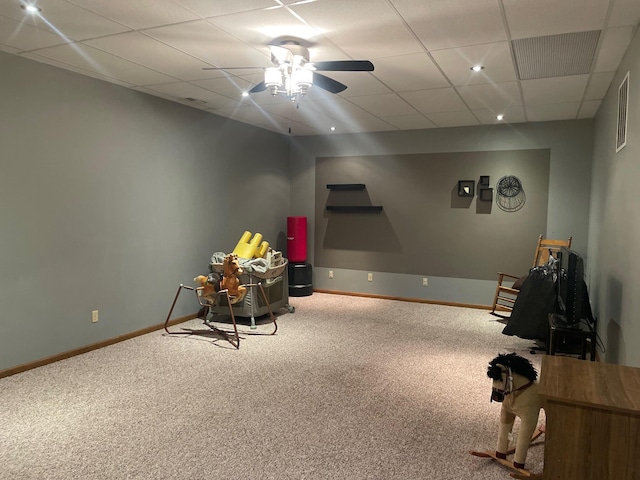 450 Yale Ave, Lima, OH 45804 - game room with baseboards, carpet flooring, a paneled ceiling, and ceiling fan