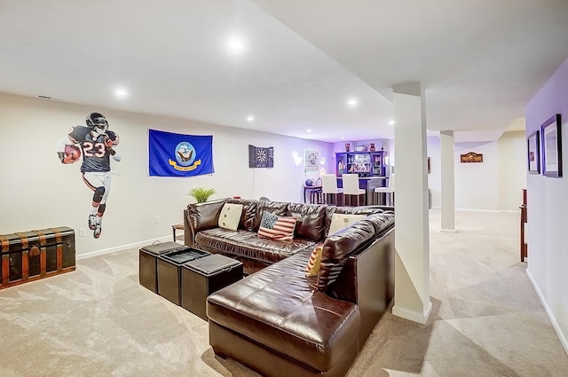 carpeted living room featuring indoor bar